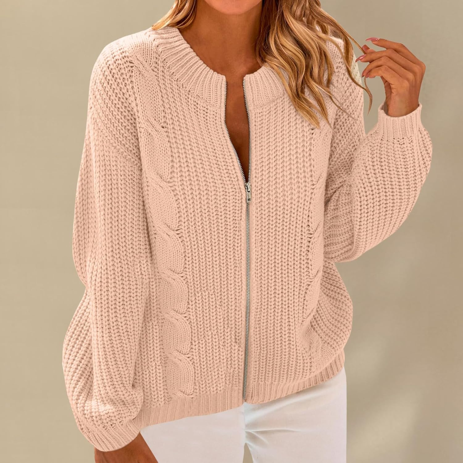 Women's Chunky Knit Open Front Sweater Long Sleeve Zipper